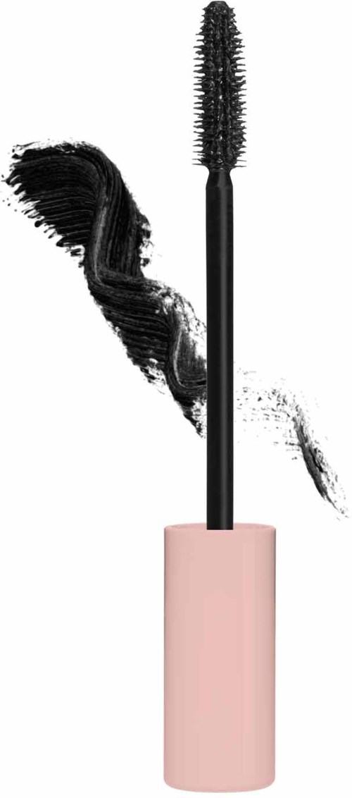 Eine Mascara-Bürste mit rosa Griff und schwarzer Bürste, umgeben von schwarzen und weißen Flecken.