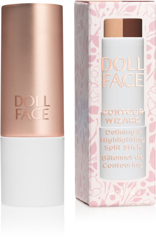 Make-up-Stick mit der Aufschrift 'Contour Wizard' in einem weißen und roségoldenen Behälter mit pinker Verpackung.