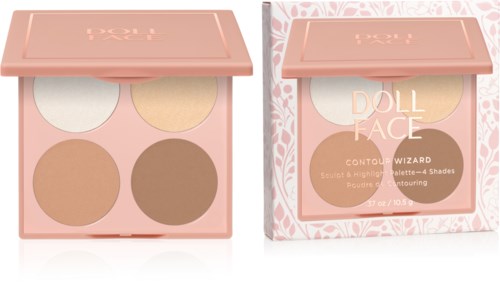Ein Make-up-Palette mit vier Farben in einem rosa Gehäuse und einer Schachtel mit Blumenmuster und Produktinformationen.
