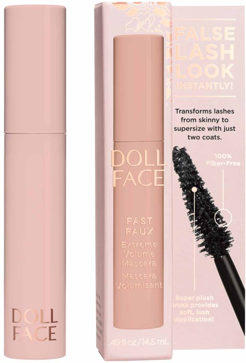 Rosa Mascara-Flasche neben Verpackung mit Mascara-Bürste, bewirbt falsche Wimpern und Volumen.