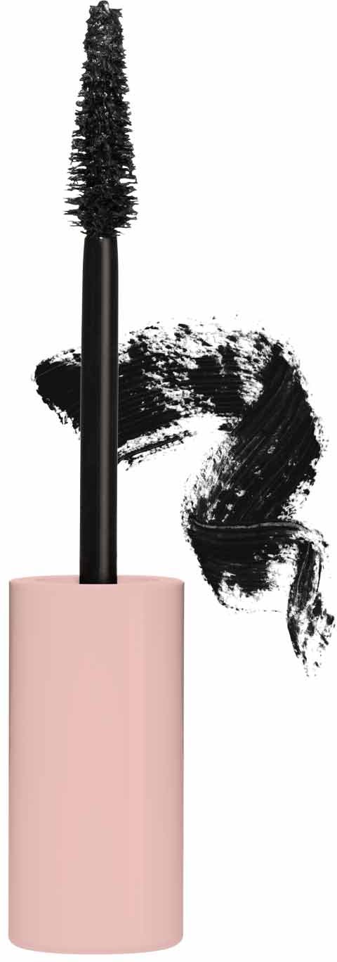 Eine rosa Mascara-Flasche mit schwarzem Mascara-Bürste und einem schwarzen Mascara-Wisch.