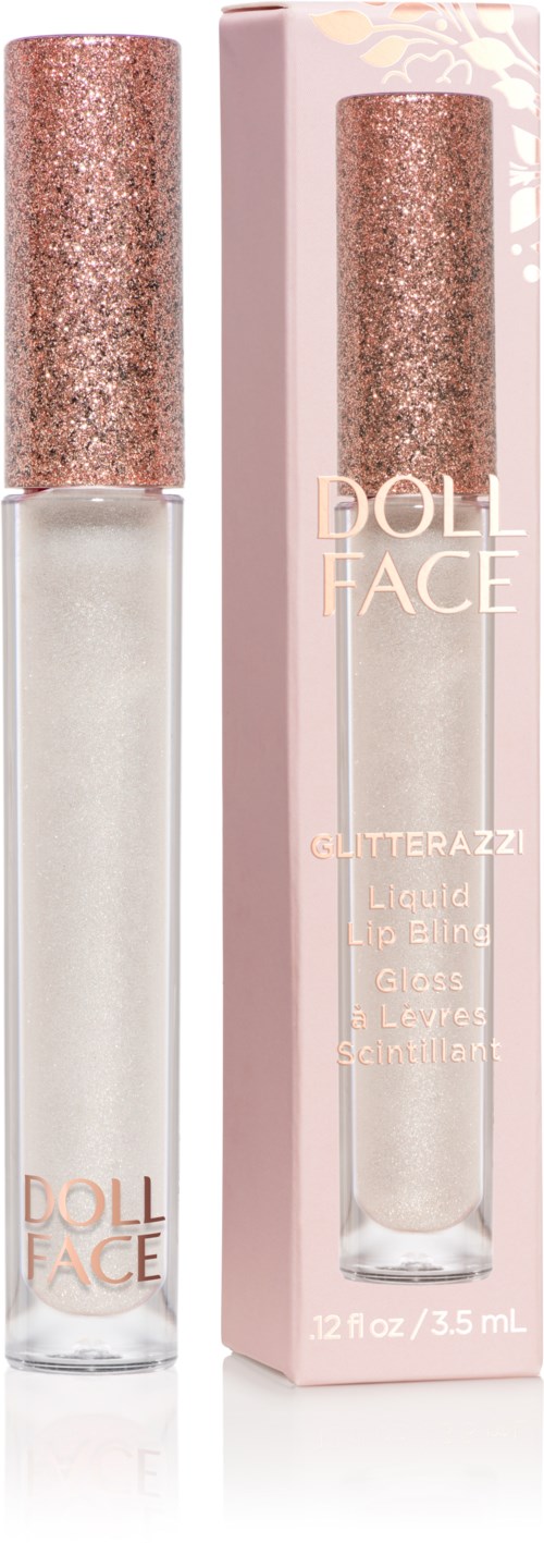 Ein klarer Lipgloss mit einem rosafarbenen Glitzerverschluss, in einer rosa Verpackung mit der Aufschrift 'DOLL FACE.'