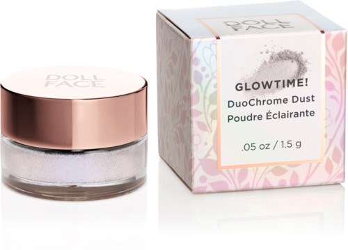 Schimmerndes loses Puder in einem Glas mit rosa Deckel, zusammen mit einer pastellfarbenen Box mit der Aufschrift 'Glowtime!'.