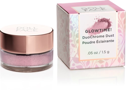 Rosa Pulverstaub in einem kleinen Glas mit roségoldenem Deckel. Box hat rosa und lila Muster, beschriftet mit Glow Time DuoChrome Dust.
