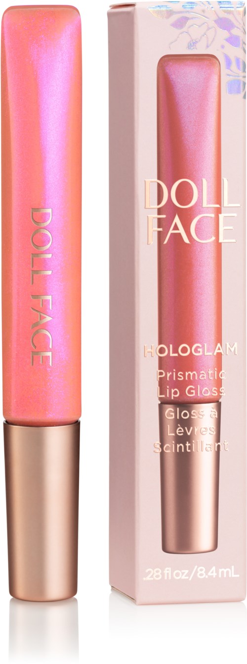Rosa Lipgloss in einer Tube mit goldener Kappe neben einer rosa Box mit Produktnamen und Details.