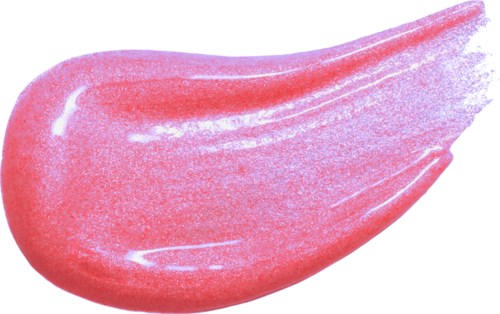 Ein pinklicher roter Lippenstiftstrich mit schimmernder Oberfläche und geschwungener Form auf weißem Hintergrund.