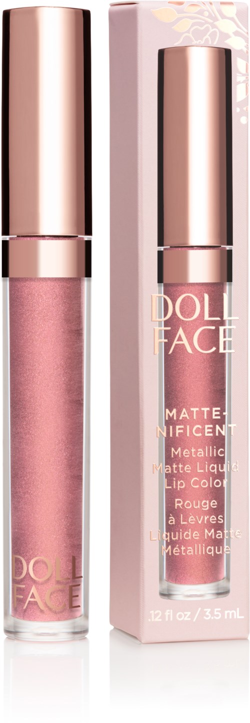 Rosa metallischer Matt Lipgloss in Tube und Box mit Roségold-Kappe.