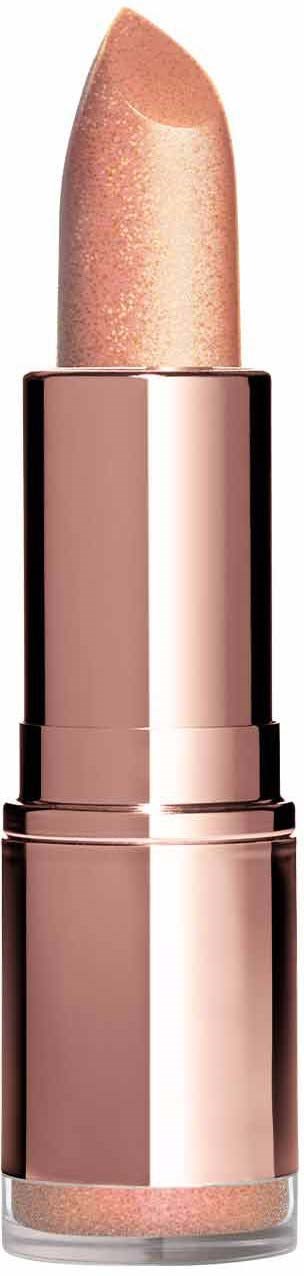 Ein goldfarbener Lippenstift in glänzendem Metallgehäuse mit durchsichtigem Deckel vor dunklem Hintergrund.
