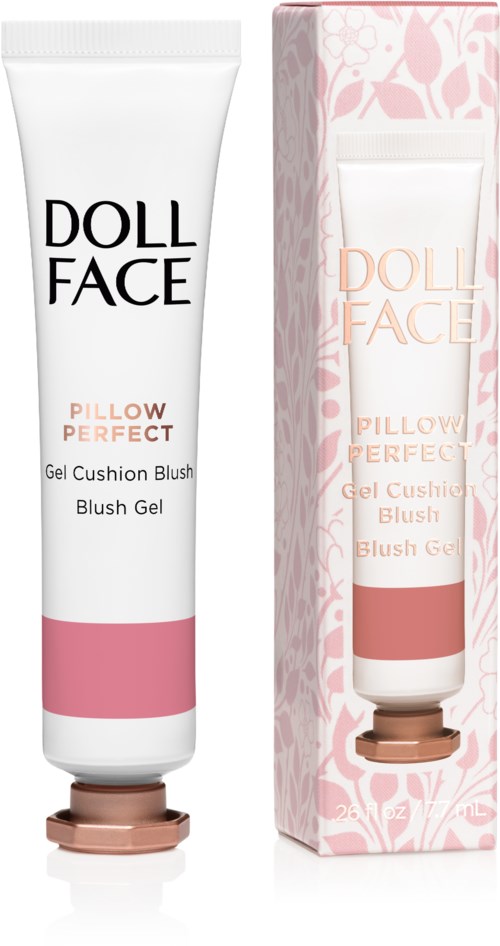 Eine Tube von Doll Face Pillow Perfect Blush-Gel in Pink mit dekorativer Verpackung.