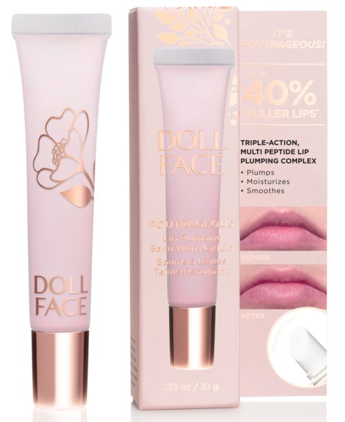 Lippenvergrößerungsprodukt in rosa Tube mit roségoldener Kappe, zeigt Lippenbilder, verspricht 40 % vollere Lippen.