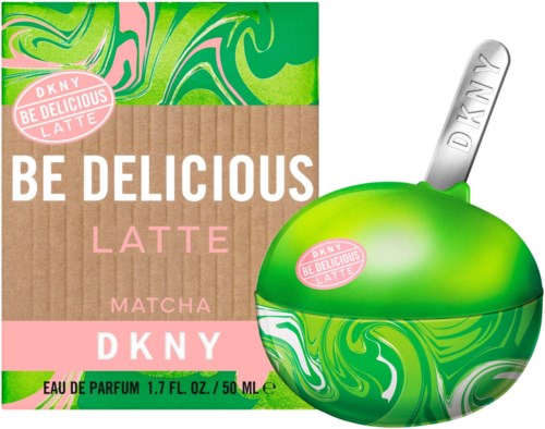 DKNY Be Delicious hajuvesiarkki ja omenamainen pullo, jossa on tikku. Vihreä ja pinkki väri ja marmoroitu suunnittelu.