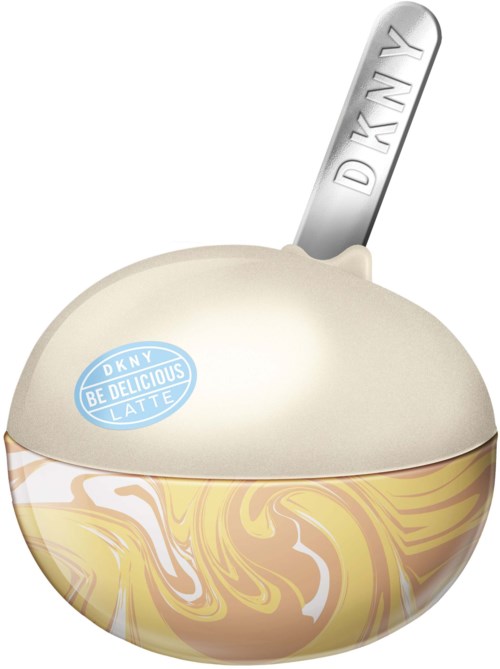 Ein runder Eiscremebehälter mit Deckel, ein Metallschaber und ein Etikett mit DKNY BE DELICIOUS LATTE.