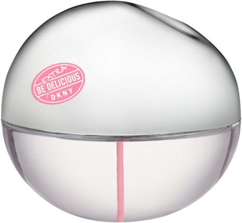 Een ronde, witte cosmeticabeker met een roze sticker die zegt 'Extra Be Delicious DKNY'.