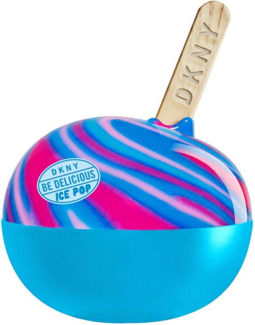 Kleurrijk ijs met roze, blauw en paars in een blauwe halve bol. Het heeft een houten stok.