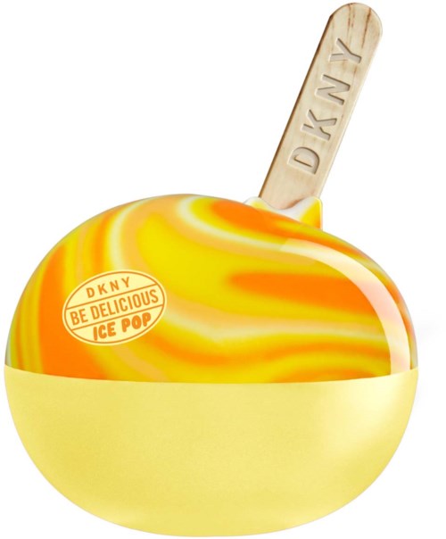 Een geel en oranje marmerende ijslolly met een houten stok met 'DKNY' erop.