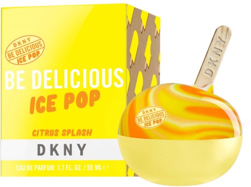 Felgeel doos en kom, ijslolly met oranje en gele strepen, houten stok met DKNY-logo.