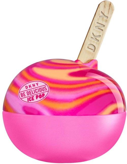 Een roze ijsbakje met een roze, gele en oranje swirl en een houten stokje met 'DKNY'.