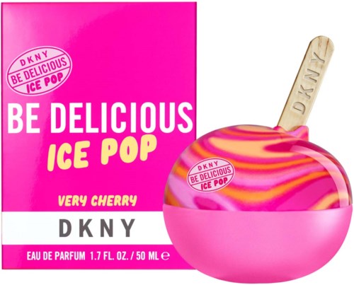 Roze doos en appelvormige container met kersengeurige ijslolly en houten stok. Vrolijk en vrolijk ontwerp.