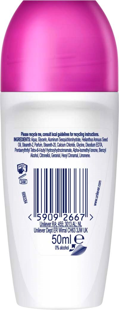 Een witte fles met roze dop, met barcode en ingrediëntenlijst aan de achterkant.