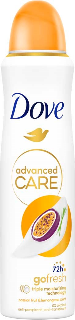 En vit spray-deo med orange lock, Dove-logga och bild av passionsfrukt i gult och lila.