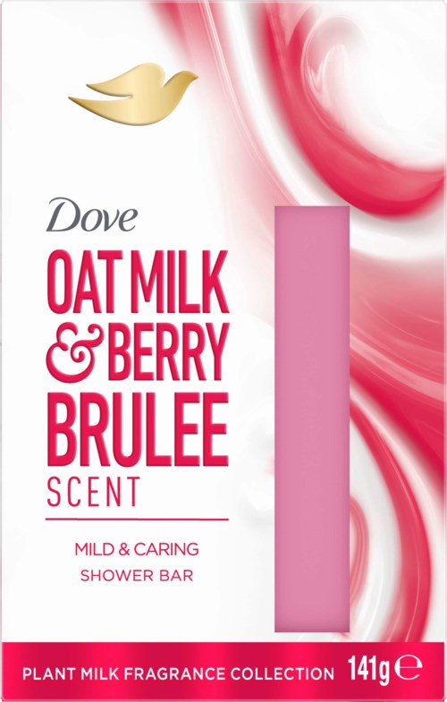 Dove Oat Milk and Berry Brulee suihkuvaahtopakkaus pinkillä ja valkoisella kuviolla ja vaaleanpunainen saippua.