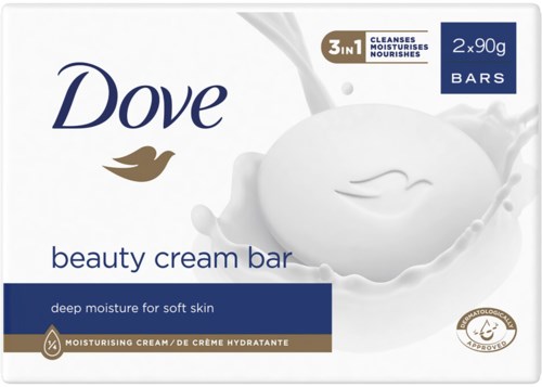Dove beauty cream bars, fuktgivande, med djupt fukt för mjuk hud, 2 bitar, varje 90g.