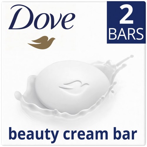 Dove skönhetskrämstänger i en förpackning med en leende tvål, märkt '2 BARS' och 'beauty cream bar'.