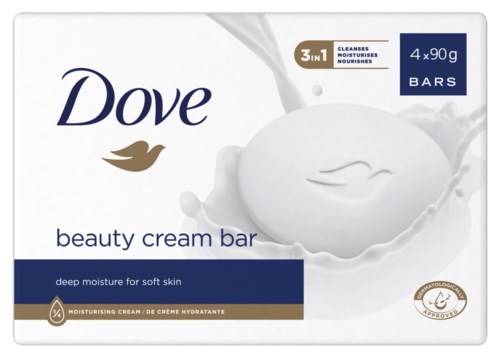 En ask med Dove beauty cream bars med mjuk hud, fyra 90g stänger, och 3-i-1 rengöring, näring och fuktgivande.
