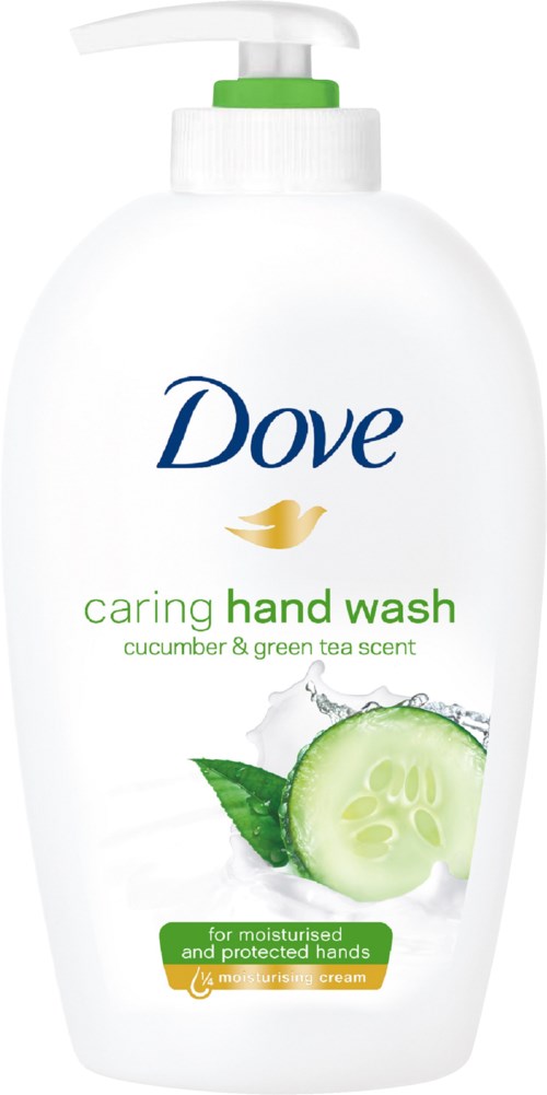 Eine weiße Flasche Dove Caring Hand Wash mit Gurken- und Grüntee-Duft. Mit Pumpkopf.