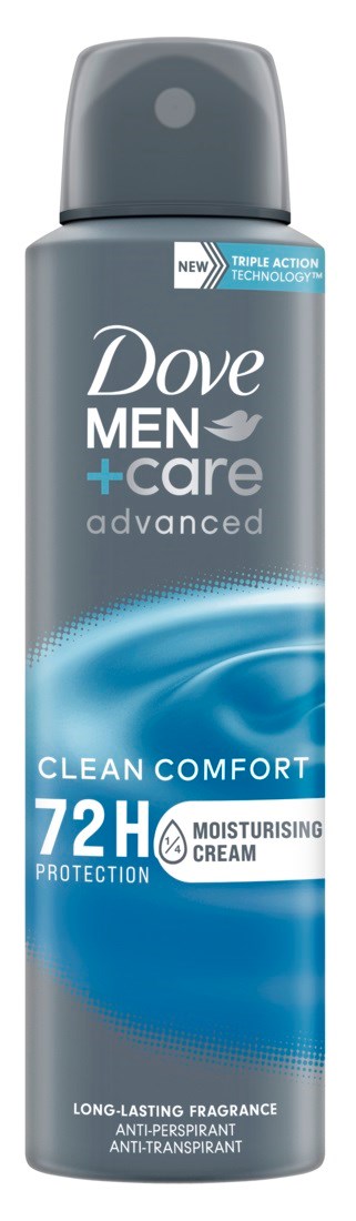 Een Dove Men+Care deodorant sprayfles met blauw en grijs ontwerp, biedt 72 uur bescherming en hydraterende crème.