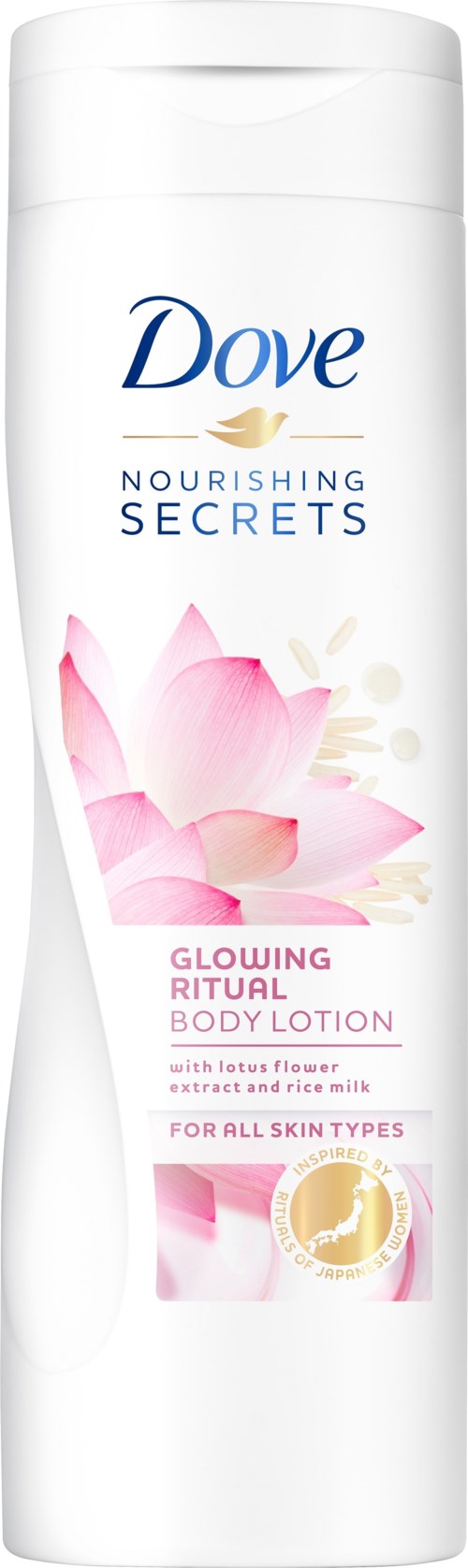 Eine weiße Flasche Dove Body Lotion mit rosa Blumenmuster und Goldemblem, bezeichnet als pflegend und leuchtendes Ritual.