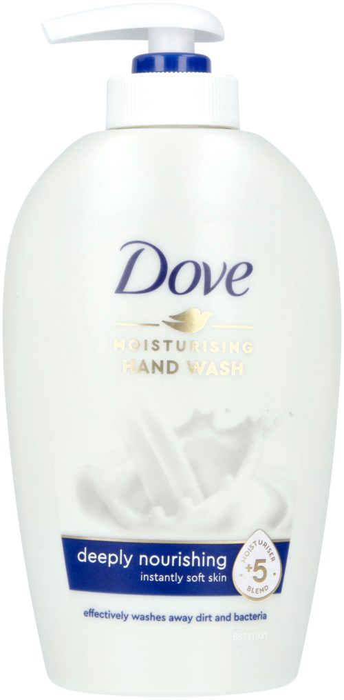 Eine weiße Flasche Dove Handwäsche mit Pumpe, gekennzeichnet als tief nährend und gegen Schmutz und Bakterien wirksam.