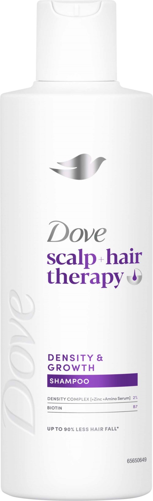 Valkoinen shampoopullo Dove-logolla, merkitty päänahkakäsittely, tiheyden ja kasvun shampoota, ja violetti raita.