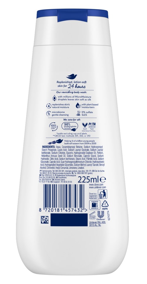 Valkoinen pullo, jossa sininen korkki, 24 tunnin ihoystävällinen vartalopesu, 225 ml, viivakoodi ja erilaisia symboleja.