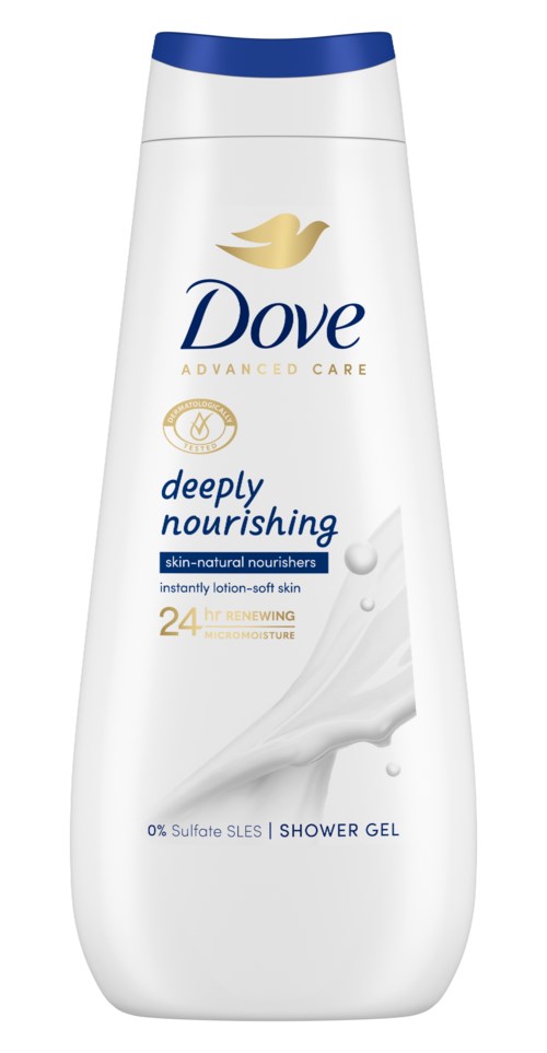 Dove Duschgel-Flasche mit blauer Kappe und weißem Körper, beschriftet "Deeply Nourishing" und "0% Sulfate SLES."