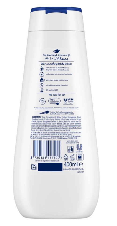 Die Flasche ist weiß mit blauer Kappe und Text, enthält Lotion, mit Barcode und Symbolen auf der Rückseite.