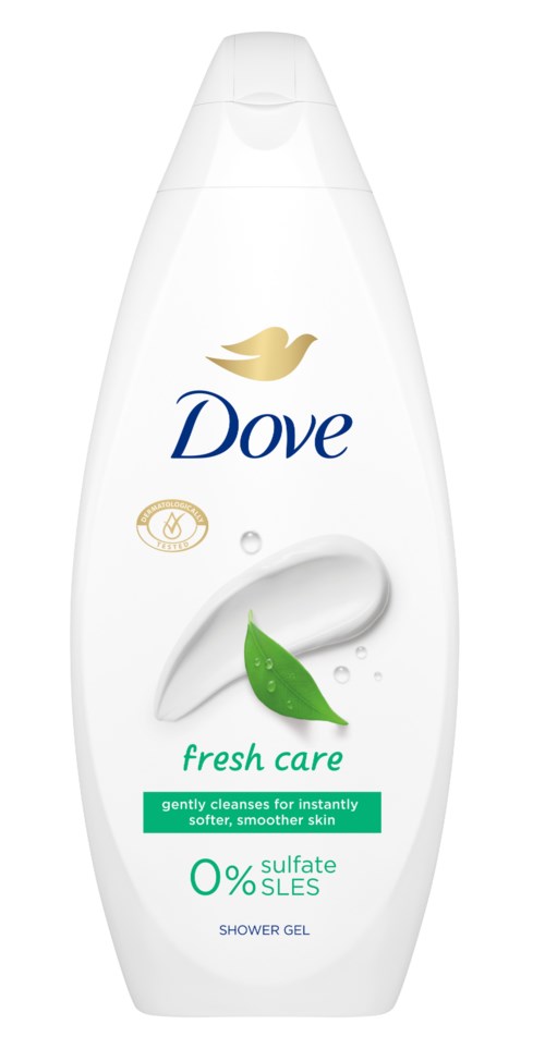 Eine weiße Flasche Dove Duschgel, mit 'Fresh Care' beschriftet, mit grünem Blatt, reinigt sanft und beruhigt die Haut.