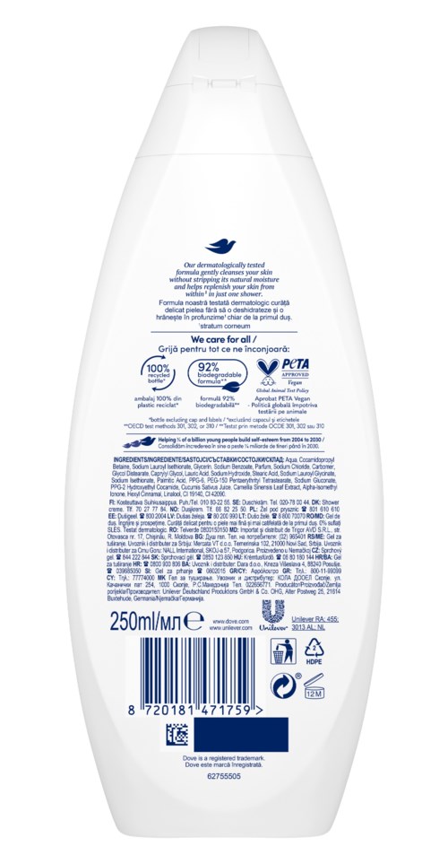 Eine weiße Flasche mit blauer Schrift und Symbolen, zeigt ein Delfin-Logo und Produktinformationen in mehreren Sprachen.