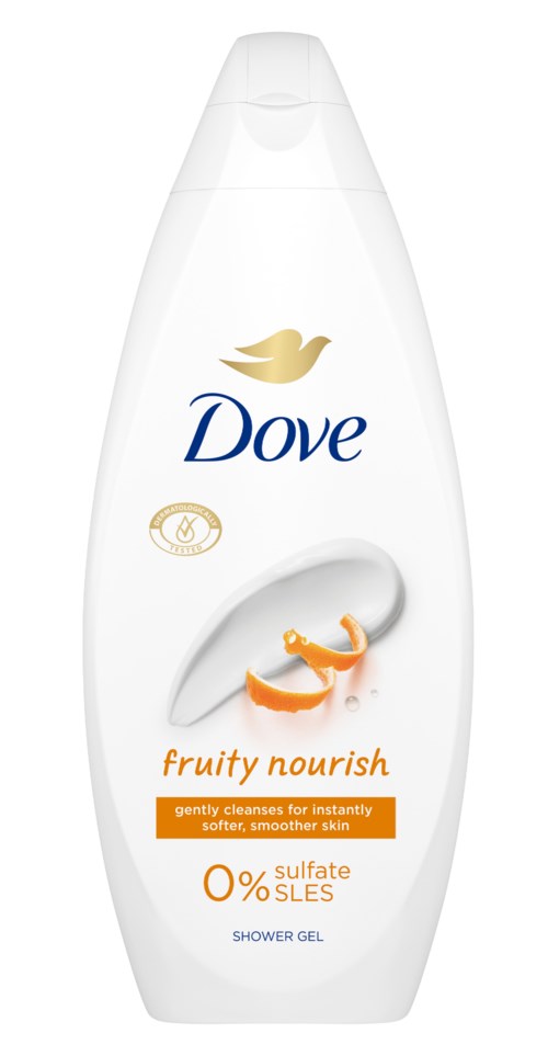 Valkoinen Dove suihkugeelipullo, jossa kultainen kyyhkylälogo ja oranssi etiketti 'fruity nourish' ja '0% sulfate'.