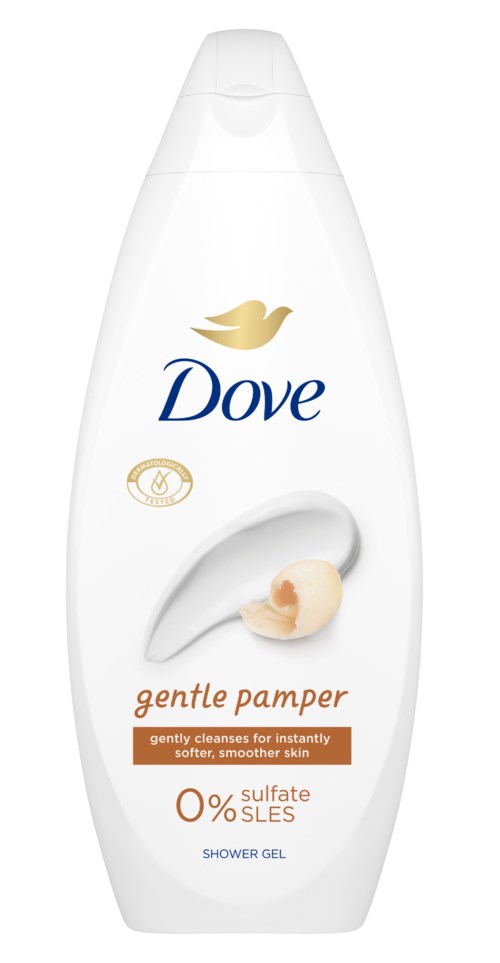 Dove Duschgel Flasche mit weißem Körper, goldenem Taubenlogo und orangefarbenem Etikett mit 'gentle pamper.'