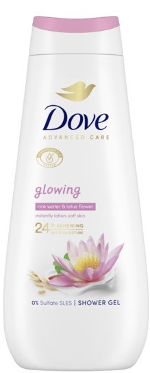 Dove suihkugeeli valkoisessa ja pinkissä pullossa, lotuskukkakuva ja teksti hehkeydestä ja ihonhoidosta.