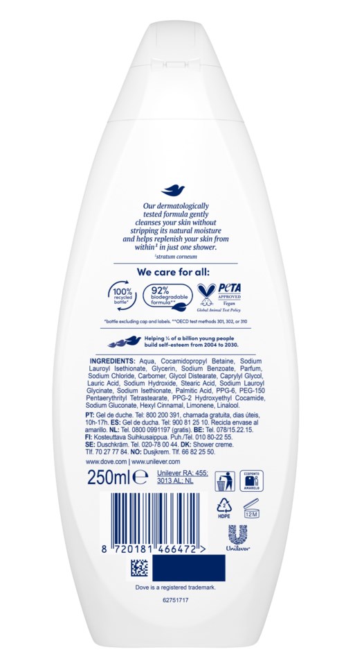 Eine weiße Flasche mit blauer Schrift und Logos, enthält 250 ml Produkt, wahrscheinlich Shampoo oder Duschgel.