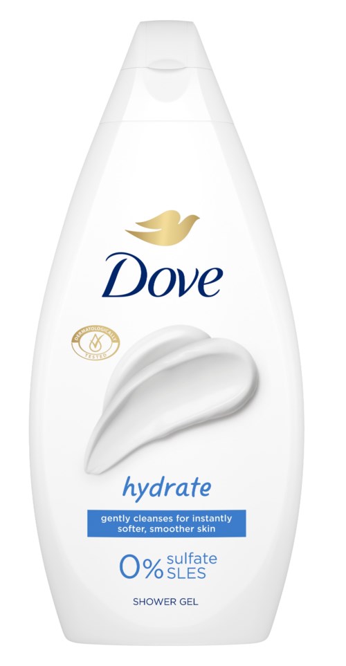 Valkoinen Dove suihkusaippuapullo kultaisella kyyhkylällä ja pyörteellä. Sana 'hydrate' ja lupaa pehmeämpi iho.