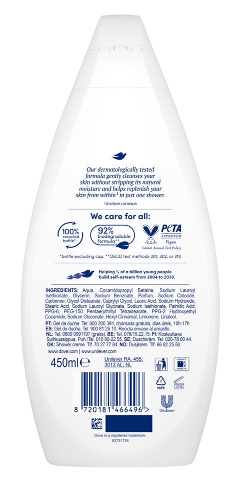 Valkoinen pullo, jossa on sinistä tekstiä, sisältää voidetta tai shampoota, takaosassa ainesosat, symbolit ja viivakoodi.