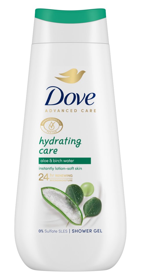 Plastic shower gel bottle with Dove logo, green cap, aloe and birch water ingredients, and picture of aloe and green spheres.