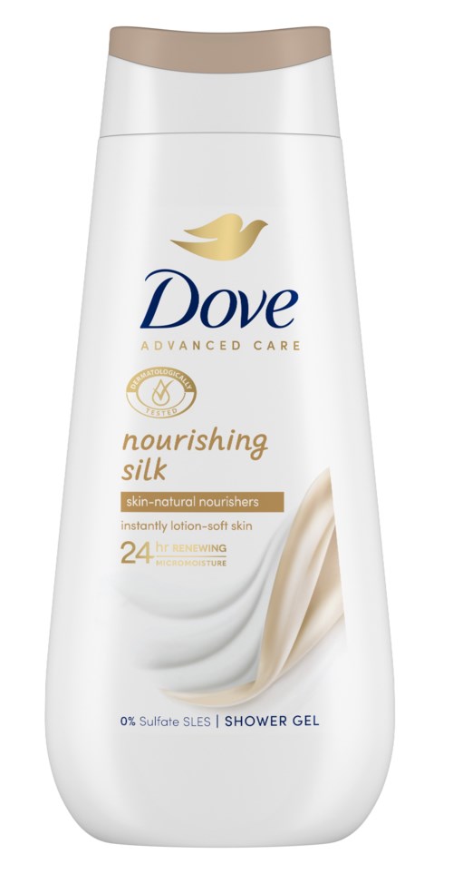Dove douchegel met voedend zijde, zachte huid en 24 uur frisse geur. Eenvoudige witte fles met gouden en blauwe logo.