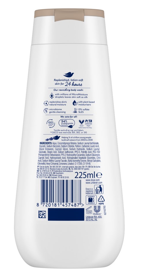 Witte fles met blauwe tekst, vermeldt huidverzorgingsproduct, 225 ml, 24-uurs hydratatie. Bevat barcode en symbolen.