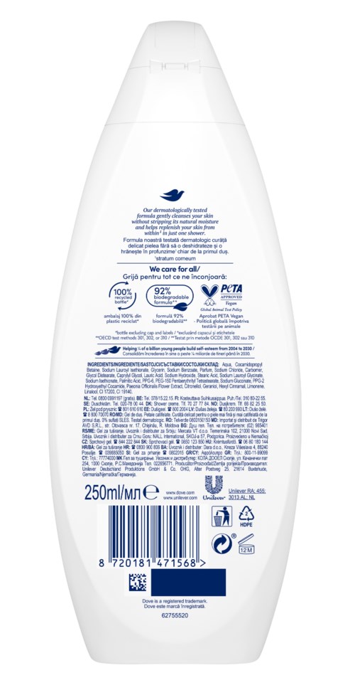 Valkoinen pullo, jossa on sinistä ja mustaa tekstiä, helppo avata kansi, merkattu 250 ml. Sisältää puhdistus- tai henkilökohtaisen tuotteen.