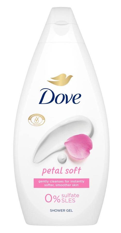 Eine weiße Dove-Duschgel-Flasche mit einem rosa Blütenblatt, goldenem Vogel-Logo und pinkem sowie lila Text.
