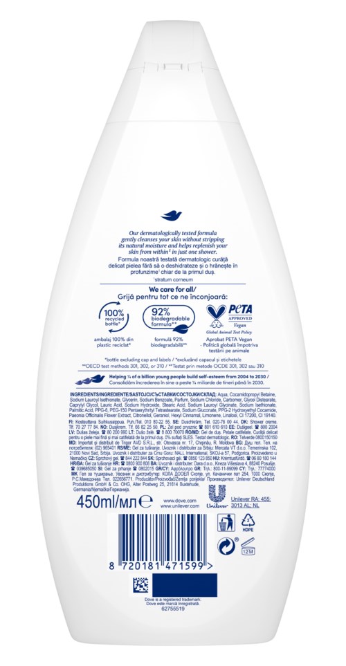 Eine weiße Flasche mit blauer und schwarzer Schrift, Symbolen und Bar-Code auf der Rückseite, wahrscheinlich ein Reinigungs- oder Pflegeprodukt.
